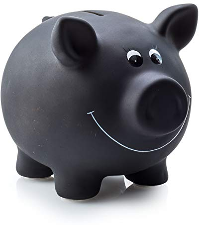 1x Sparschwein aus Keramik, Schwarz | Tafellack zum Beschriften inkl. Schloss & Schlüssel | Maße: ca. 17,5 x 13,5 x 14,4 cm | Geschenkidee für Sparfüchse jedes Alters