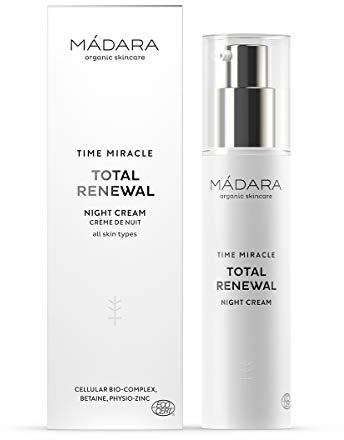 MÁDARA Organic Skincare | Crema de Noche Time Miracle Total Renewal - 50 ml, con ácido hialurónico multimolecular y zinc fisiológico equilibrante, a base de agua de abedul nórdico, vegana.
