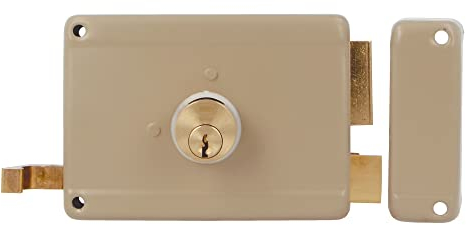 Amig - Cerradura de Sobreponer de Derecha con palanca de Cierre, Lengüeta y Tirador para Puertas de Madera Mod. 78-120 x 85 mm - Pestillo con Cilindro Redondo de Serreta - Acero Beige