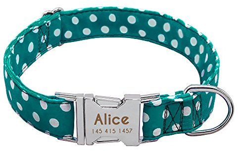 Didog Hundehalsband, weiches Nylon mit Edelstahl-Schnellverschluss-Schnalle, Punktemuster mit Namensschild, für kleine, mittelgroße Hunde, blau, große Größe