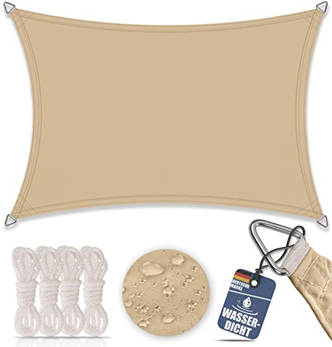 bonsport Sonnensegel Rechteck wasserdicht 3x4 m Sand - Sonnenschutz rechteckig mit UV-Schutz für Garten, Balkon Terrasse, Camping