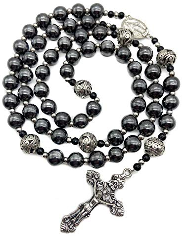 Nazareth Store Hämatit Rosenkranz Black Stone Perlen Halskette Metall Perlen Wunderbare Medaille & Kreuz Rosenkranz für Männer und Frauen NS