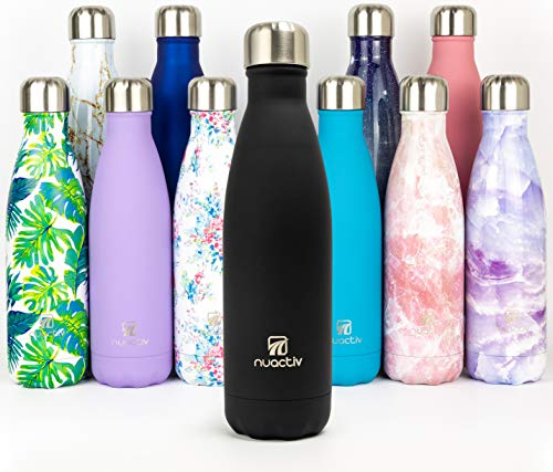 Nuactiv Stainless Steel Water Bottle, Vacuum Insulated, 12hrs Hot & 24hrs Cold Drinks, BPA Free, Metal Water Bottle 500ml, Leakproof Double Walled Thermal Flask for Kids, Travel, Gym, Sports – Black