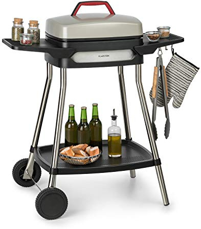 Klarstein Gatsby parrilla eléctrica, parrilla de pie y de mesa, 2000 W, EasyGrill Concept, superficie 40 x 36 cm, aluminio fundido a presión, antiadherente, campana, dos mesas laterales, beige/negro