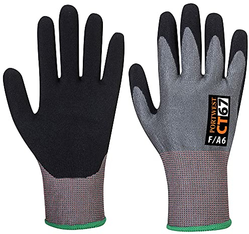 Portwest CT67 CT Cut F13 Nitrile Glove Wet and Dry Grip 13 Gauge Breathable | Grey/Black, Small, EN 407 (X1XXXX), CE Certified, OEKO-TEX STANDARD 100, 65% Polyester, 35% Cotton, Construction