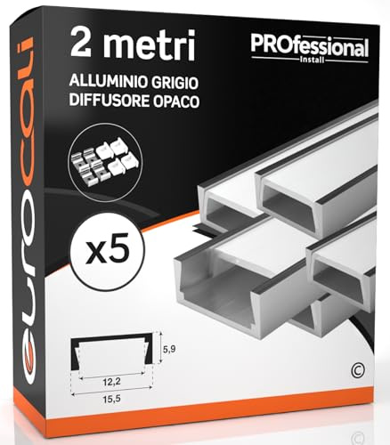 Eurocali 5x Profili da 2m (10mt) in Alluminio Grigio per Strisce LED | Copertura Opaca larghezza max striscia led 12.2mm - 15.5 x 5.9