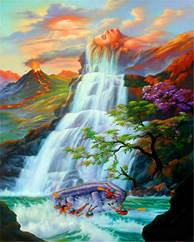 YEESAM ART DIY Ölgemälde Malen nach Zahlen Erwachsene Kinder, Wasserfall Mädchen Haar Spektakuläre Szene Vulkanausbrüche Zahlenmalerei ab 5 Öl Wandkunst (Wasserfall, mit Rahmen)