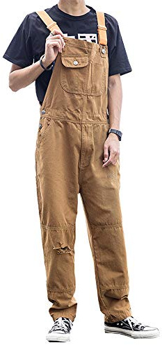 FANSU Herren Jeans Latzhose Overall, Arbeitshosen Lange Jeanshose Retro Denim Arbeitslatzhose Jumpsuit Destroyed Ripped Multifunktion Hose Arbeitskleidung (Khaki,4XL)
