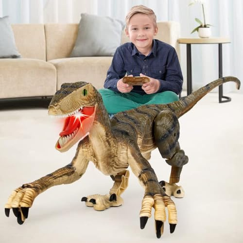Mini Tudou Fernbedienung Dinosaurier Spielzeug, Gehender Velociraptor Gelb | LED-Beleuchtung&Realistische Simulation Geräusche,2,4 GHz Velociraptor Spielzeug,RC Dino Geschenke für Kinder