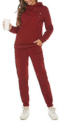 JENJON Femmes Survêtement Casual Sweatshirt à Capuche Pull avec Capuche Fermeture Éclair 2pcs + Pantalon Casual Automne Hiver Yoga Fitness Jogging Ensembles Rouge M