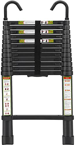 RIKADE Telescopic Ladder, 12.5FT Aluminum Telescoping Ladder with Non-Slip Feet and Stable Hook, Portable Extension Ladder for Household and Outdoor Working, Max Load 330lbs, Black