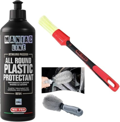 HITOPSELLER® Mafra, Maniac Car Detailing Line, All Round Plastic Protectant, Protegge e Ravviva Plastica + Pennello lime white 16 mm + spazzola per pulire i cerchi in OMAGGIO