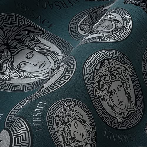 A.S. Création VERSACE WALLPAPER Petrol Silber Schwarz Blau Luxus Tapete Vliestapete Logo Medusa 386111 10,05x0,70m Made in Germany