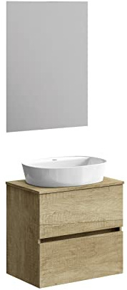 Baikal Baño Onyx, 2 cajones, suspendido en Pared, con Lavabo cerámico. Mueble Montado, Melamina 16,Mueble F39 + Top + Lavabo + Espejo 70 cm Nature