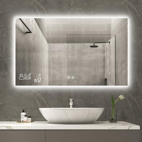 byecold Infrarotheizung Spiegel mit LED Beleuchtung 350 Watt, Spiegelheizung Infrarot, Badspiegel Badezimmerspiegel 100x60 cm, Wetterstation Touchschalter Smart WiFi Horizontal
