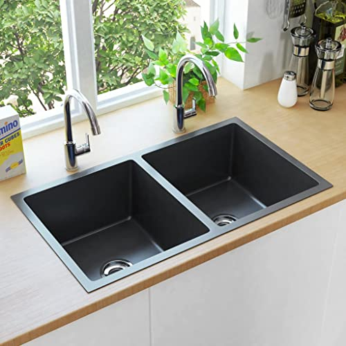 WIFESE Handgemachte Einbauspüle 76x44x20 cm Extra Tiefes Doppelbecken Design Küchenspüle Spülbecken Schwarz Küchenspülen Spülen Waschbecken Küche Spültisch Kitchen Sink Küche mit Sieb Edelstahl