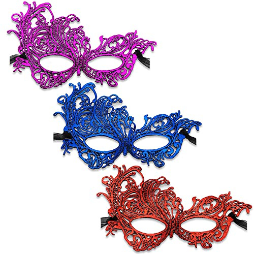 3 Stück Spitze Maske - Sexy Lace Augenmaske Modell Venezianische Maske - Halbe Gesichtsmaske Fancy Kleid Halloween Karneval Cosplay Party Dekoration, Rot/Blau/Lila