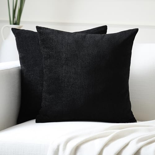 Encasa XO Chenille Kissenbezug, Sofa, ohne Füllung 45x45 cm | Schwarz, 100% Polyester | Versteckter Reißverschluss | Dekokissen & Zierkissen | Weich & Langlebig | 2er Set