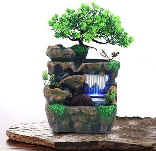 Zimmerbrunnen Desktop Fengshui Water Fountain mit Led -Lampe Wasserfall Zimmer springbrunnen（18 X 15 X 30 cm ）