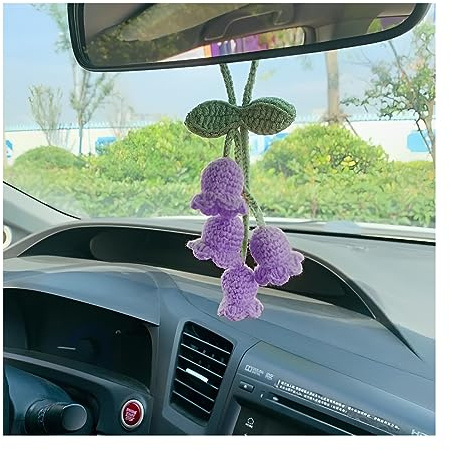 JNNJ Car Mirror Hanging Accessories, Hanging Plant for Car Decor and Accessories, Rear View Mirror Hanging, Flower Hand Knitted Car Pendant, Handmade Cute Accessories Fit Cars Truck SUV(Purple)