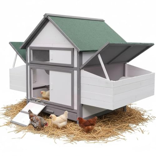 Melko Hühnerstall Hühnerhaus mit 2 Eiablagen und Sitzstangen Holz Weiß Grau | aus Fichtenholz, Dach mit Asphaltmatte, wetterfest und robust, leicht zu reinigen, für Garten und Selbstversorger geeignet