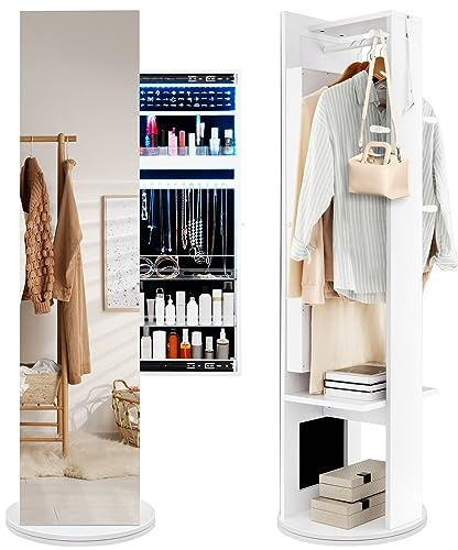 COSTWAY 360° Swivel Jewelry Cabinet, 3-Color LED Lights Jewelry Armoire with Full-Length Mirror, Sliding Cosmetics Storage, Coat Rack and Shelves, 3-in-1 Bedroom Jewellery Organiser Unit Gift, White