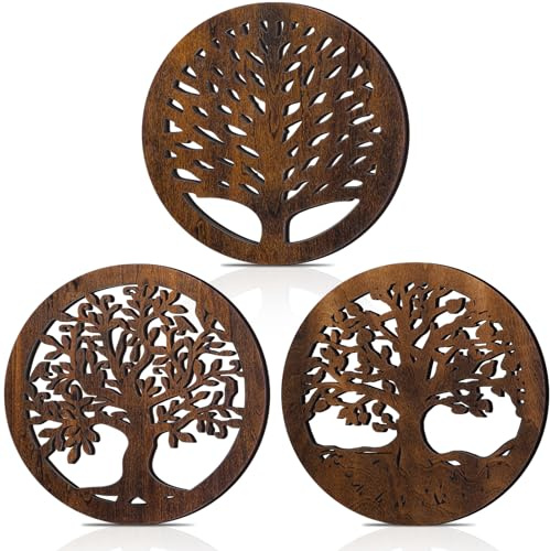 Beeveer 3 Pcs Life Tree Wooden Trivets for Hot Dishes 8 Rustic Round Tree Trivet Set Hot Plate Holders Heat Resistant Polite Trees Coasters for Table Dishes Pots and Pans(Brown)
