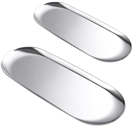Bandeja de Plato,2 pcs Bandeja de Almacenamiento Ovalada de Acero Inoxidable,Bandeja de almacenamiento de la bandeja de servir para joyería cáscaras de vela joyas llave de fruta cosmética(Plata)