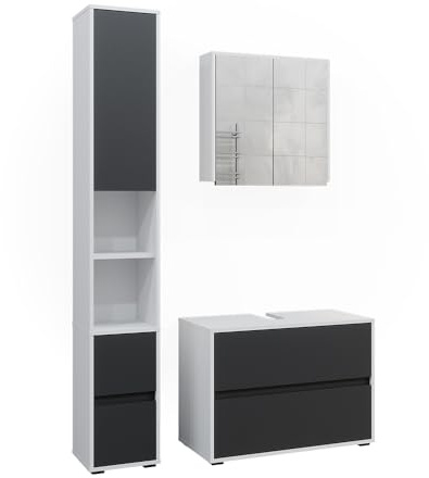 Vicco Badmöbel-Set Maltin, Weiß/Anthrazit, 80 cm | besteht aus Waschbeckenunterschrank, Spiegelschrank und Hochschrank
