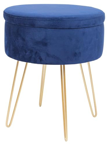 Harbour Housewares 1x Blau/Gold H45 x D36cm Runden Samt-Fußhocker mit Stauraum - Wohnzimmer Schminktisch Fußbank Ottomane Sitzpuff Stuhl Sitz
