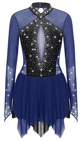 iEFiEL Glitzer Eiskunstlauf Kleid Damen Langarm Kürkleid Strasssteine Rollkunstlaufkleid Leotard Tanzanzug Wettbewerb Tanzkostüm