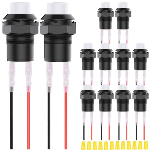 MKBKLLJY 12St. Weißer selbstsperrender Mini-Ein/Aus-Schalter AC 250V 1.5A 125V3A 2Pin 12V 12mm Einrastende Drucktaste Mikro-Rundtaster mit Anschlussdrähten Verdrahtungskappe für Wohnmobil Auto