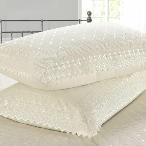 Rapport Home Richmond Luxury Embroidered Pillowcase Pair | Soft Cotton Polyester Blend | Standard 50x75cm Bedding | Machine Washable | Ivory