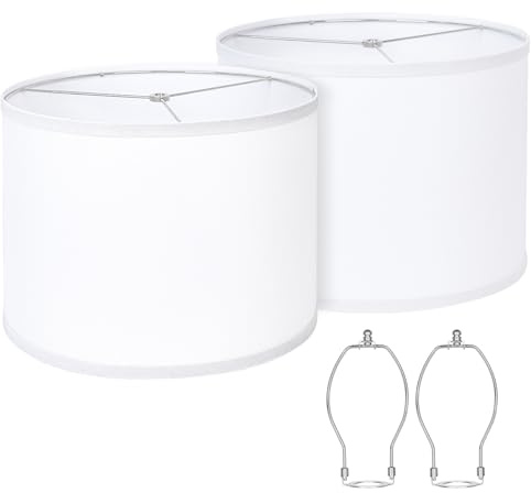 Lamp Shades Set of 2, Drum Lampshades 13 Top x 13 Bottom x 10 High with Spider Fitter, Large Replacement Lamp Shades for Table Lamps, Floor Lamps, Easy Assembly Required (2, White)