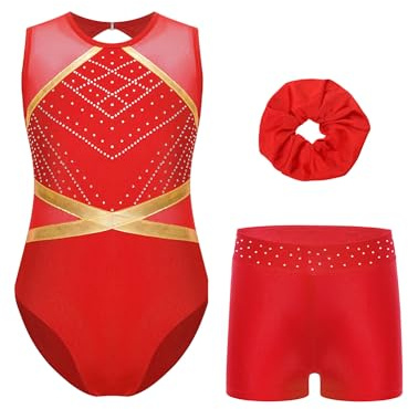 iEFiEL Mädchen Turnanzug Glitzer Strass Gymnastikanzug Tanzbekleidung Set mit Haarband Glänzende Leotard und Shorts Gymnastik Outfits Rot 158-164