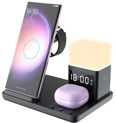 Estación de carga inalámbrica 6 en 1 para Samsung estación de carga para múltiples dispositivos con reloj despertador y luz nocturna, estación de carga para Samsung S25 24 23 22 Ultra para Galaxy