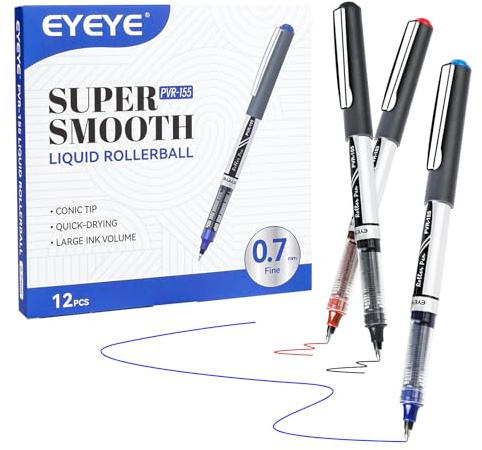EYEYE Penne a sfera con inchiostro liquido, 0,7 mm, punta media, confezione da 12 pezzi, 3 colori, ad asciugatura rapida, punta fine e liscia, per diari, appunti, ufficio, materiale scolastico