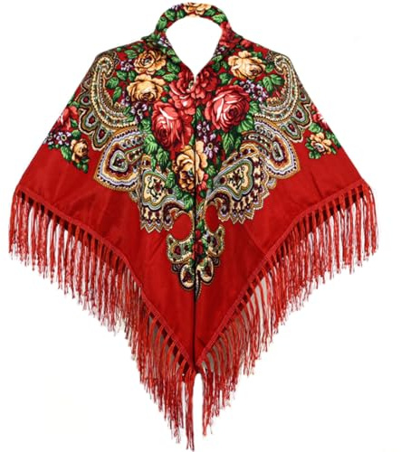 LOVNBHELP Châle russe style russe silencieux écharpe chaude avec pompon 100 x 110 cm Écharpe traditionnelle pour femme, Rouge, W 43.3x L43.3