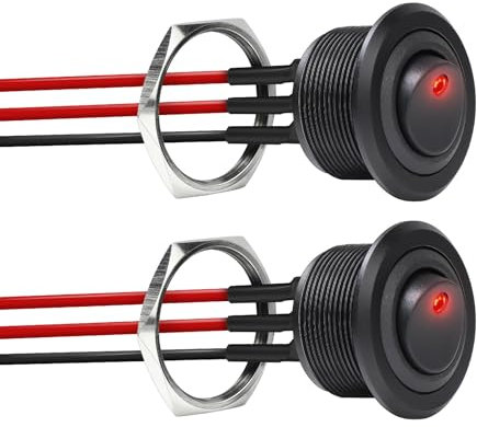 acegoo 12V Kippschalter Rund Aluminium 20A EIN/AUS SPST Schalter, 24V Wippschalter 14 AWG vorverdrahtete Kabel für Wohnmobil Boot LKW Auto KFZ, 25mm Loch(2Pcs, Roter Indikator)