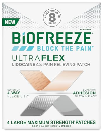 Biofreeze Ultraflex Maximum Strength 4% Lidocaine Patches, Non-Menthol, Flexible Pain Relief Patch for Lower Back, Lidocaine Patch for Neck, Knee, Shoulder, 4 Large Pain Patches