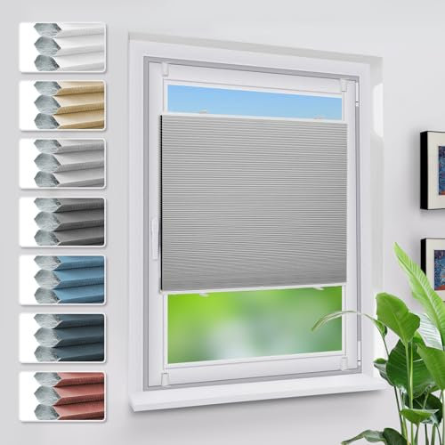 Grandekor Verdunklungsplissee Wabenplissee ohne Bohren Weiß-Hellgrau 65x110cm (BxH) Klemmfix Plissee ohne Bohren Verdunkelung Thermo Rollo Wärmedämmung, Privatsphäre - & Sonnenschutz