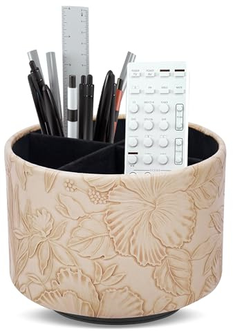 Czzmy Organiseur rond en cuir pour fournitures artistiques, support de télécommande, rotation à 360 degrés, porte-crayons multifonctionnel, 4 compartiments (1 marron clair sculpté)