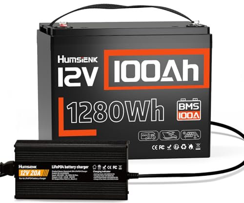 HumsiENK Lithium Battery 12V 100Ah LiFePO4 Batteries, Eingebautes 100A BMS, 15000 Deep Cycle Solarzellen, mit Niedertemperaturschutz für Wohnmobile, Boote, Trolling Motoren (12V100Ah & Ladegerät)