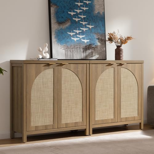 SICOTAS 68 W Rattan Sideboard Buffet Cabinet with Storage Set of 2, Mid Century Modern Credenza with Arch Doors & Shelves Farmhouse Coffee Bar Media Console Cabinets for Living Room, Entryway