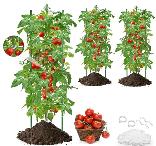 Isheurg Tomaten Rankhilfe 3 Stück,130cm Rankhilfen Gurken Kletterpflanzen,Einstellbar Höhe Garten Rankhilfe für Tomate, Gurken, Rosen, Garten,rankgitter Metall,Mit 50 Stück Pflanzenclips