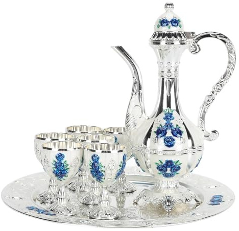 Vintage Turkish Coffee Pot Set, 7Pcs Metal Tea Set with 6 Cups Tray Elegant Alloy Teapot and Wine Glasses for Home Party Wedding Luxury Entertaining Set for Tea Coffee Cocktails (Silver White Blue)