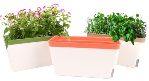 QAUUCP Maceteros de Balcón Juego de 3 maceteros for Hierbas de Interior con alféizar de Ventana, de 26 cm y autorriego for Hierbas, Verduras y suculentas.