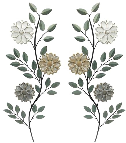 2 Pcs Metal Wall Art with Sunflower and Leaves, Garden Fence Art, 12.6in Metal Garden Ornaments for Indoor Outdoor Bedroom Living Room Porch Patio Kitchen(2D) (Green)