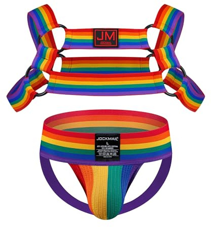 Men's Jockstrap Lingerie Set with Body Chest Harness Elastic Waistband Sexy Underwear Halter Belt for Men (US, Alpha, Medium, Regular, Regular, 914+235rainbow)