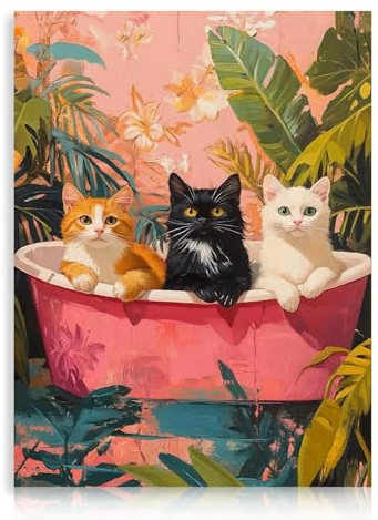 Dazzlewall Badezimmer Katze Wandkunst Poster, Drei Katzen In Der Badewanne Tropische Blätter Wandkunstdruck Badezimmer Tier Leinwanddrucke Grüne Blätter Rosa Bild, 12x16 zoll Ungerahmt